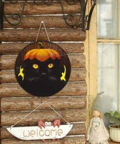 halloween decor black cat round wooden sign ant112wd 8012