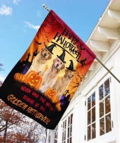 halloween flag never mind the witch beware of the golden retriever flag trl1211f 1906
