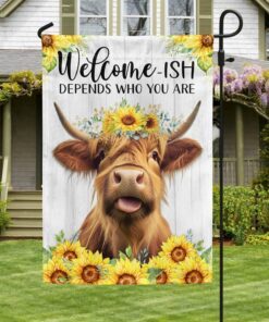highland cow, welcome ish depends who you are, sunflower highland cow flag tpt908f 1562