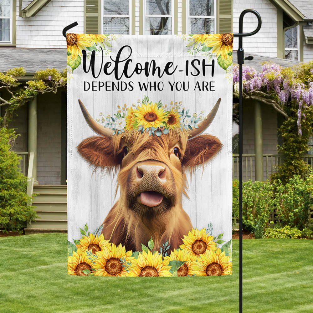 Highland Cow, Welcome-ish Depends Who You Are, Sunflower Highland Cow Flag TPT908F - Image 3