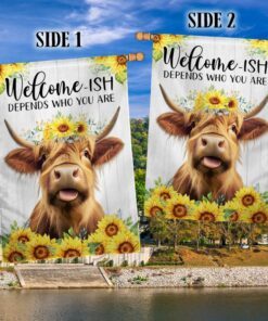 highland cow, welcome ish depends who you are, sunflower highland cow flag tpt908f 3918