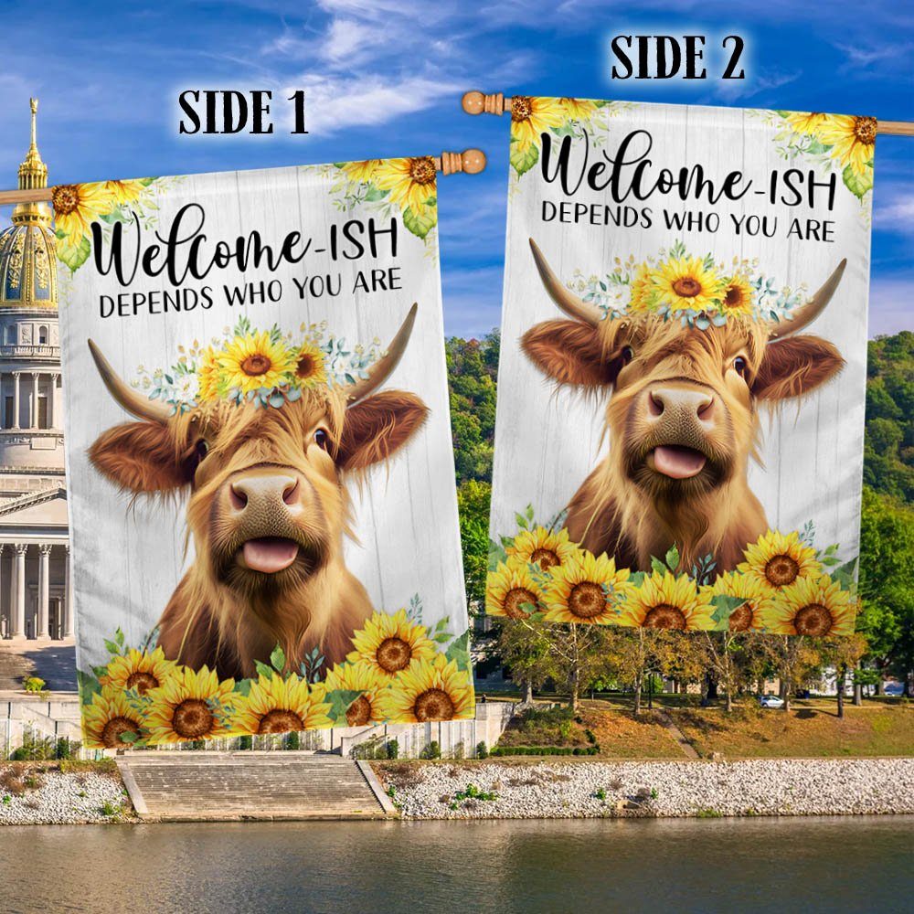 Highland Cow, Welcome-ish Depends Who You Are, Sunflower Highland Cow Flag TPT908F - Image 2