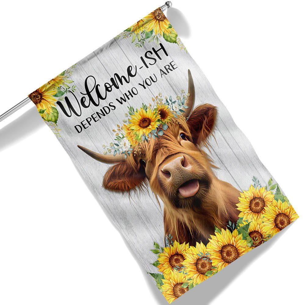 Highland Cow, Welcome-ish Depends Who You Are, Sunflower Highland Cow Flag TPT908F - Image 6