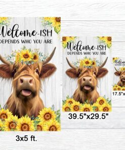 highland cow, welcome ish depends who you are, sunflower highland cow flag tpt908f 5167
