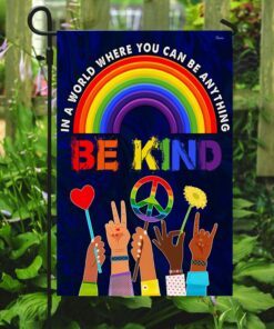 hippie flag in a world where you can be anything be kind. peace sign rainbow lgbt flag tpt247fv1 3995