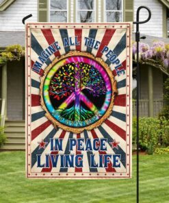 Hippie Peace Sign Imagine All The People Living Life In Peace Flag MLN1352F