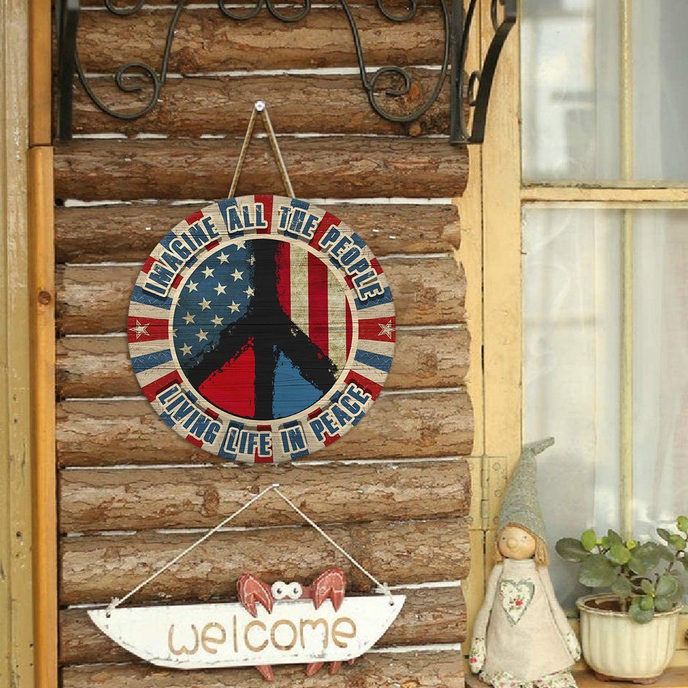 Hippie Round Wooden Sign. Imagine All The People Living Life In Peace THN2175WS - Image 3