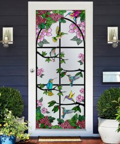 Hummingbird Floral Garden Stained Glass Door Cover