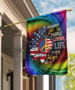 Imagine All The People Living Life In Peace Hippie Flag