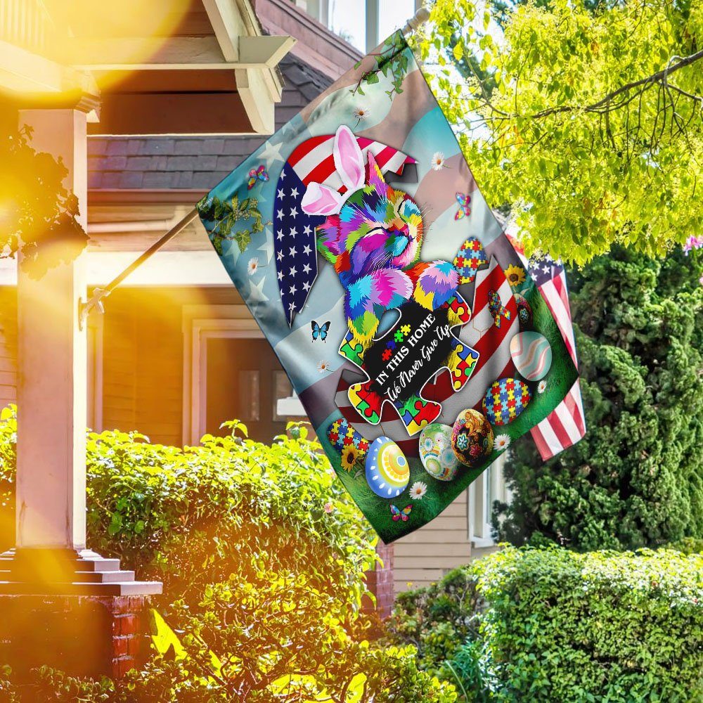 In This Home We Never Give Up. Autism Cat Flag - Image 2