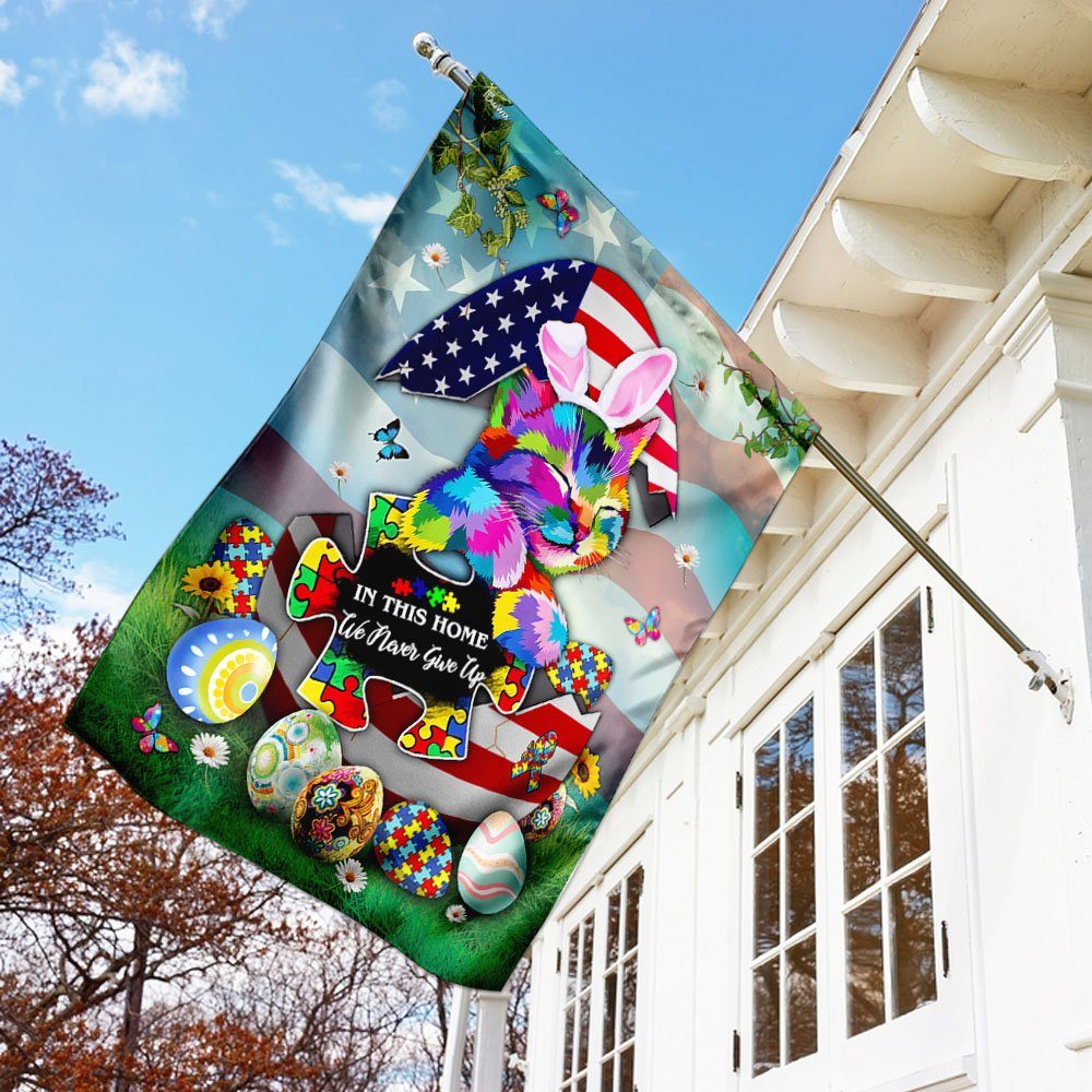 In This Home We Never Give Up. Autism Cat Flag - Image 3