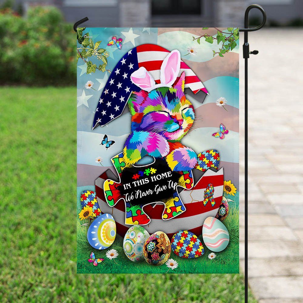 In This Home We Never Give Up. Autism Cat Flag - Image 6