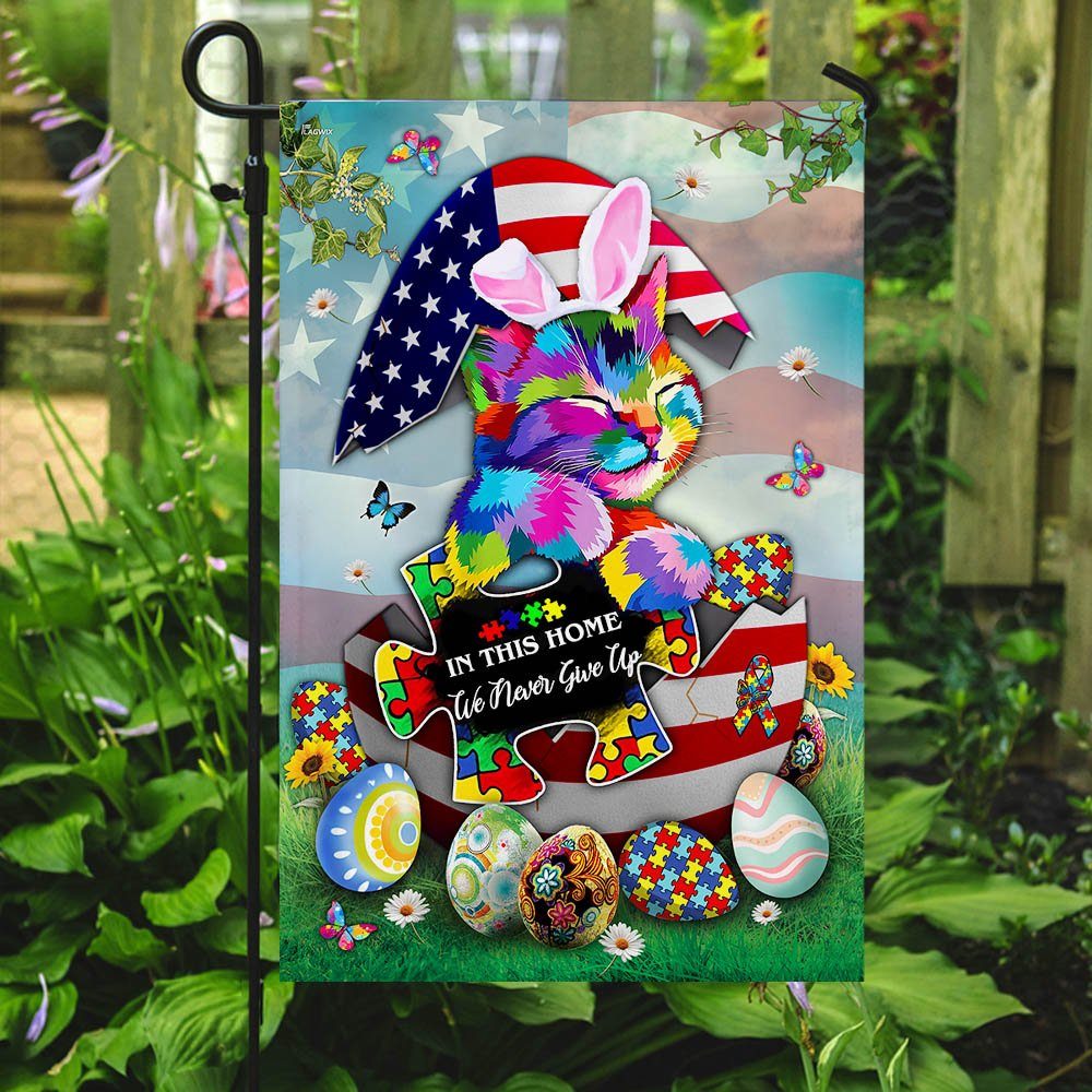 In This Home We Never Give Up. Autism Cat Flag - Image 7