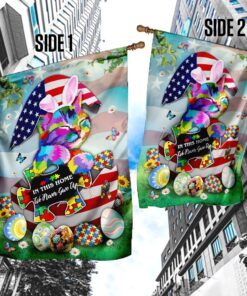 in this home we never give up. autism cat flag 8112