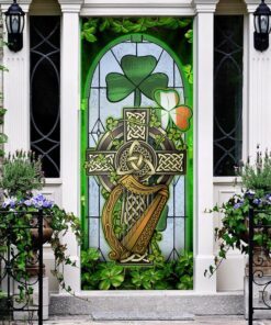 irish celtic cross stained glass door cover 6737