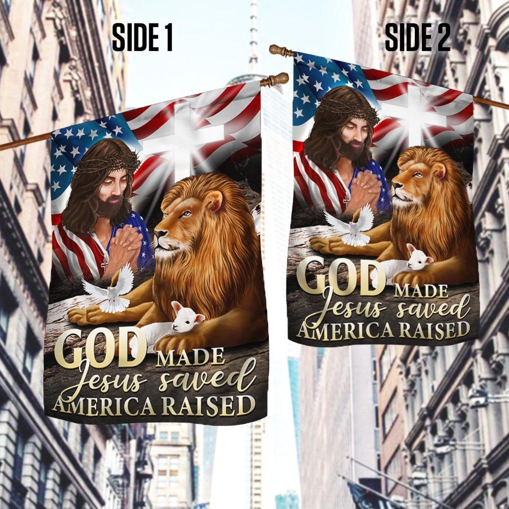 Jesus Christian Lion and Lamb God Made Jesus Saved America Raised Flag MLN1421F - Image 2