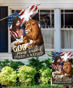 jesus christian lion and lamb god made jesus saved america raised flag mln1421f 8463