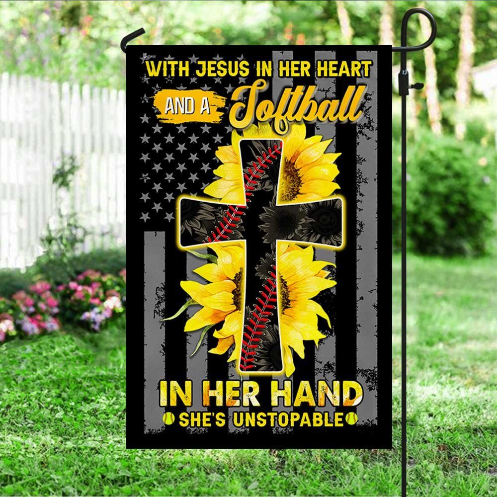 Jesus In Her Heart Softball In Her Hand Sunflower Christian Cross Flag - Image 4