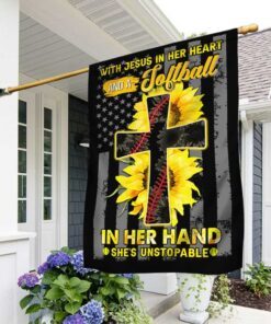 Jesus In Her Heart Softball In Her Hand Sunflower Christian Cross Flag