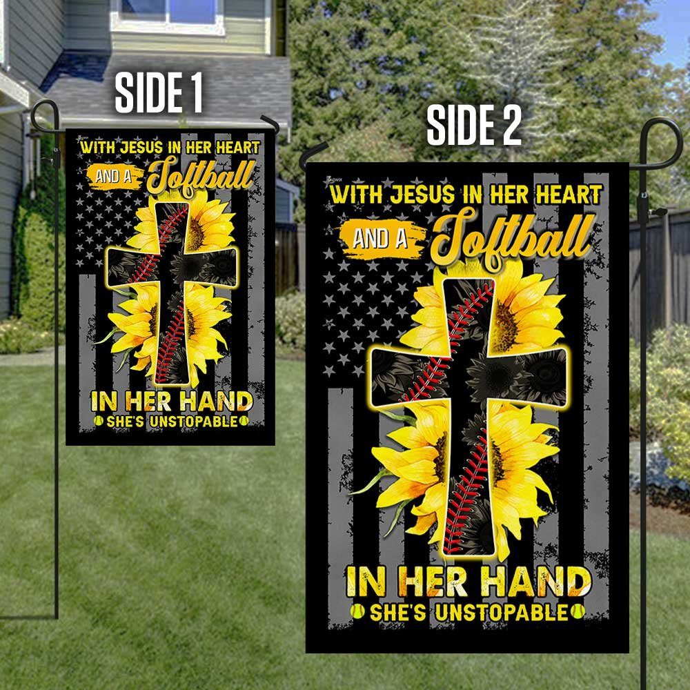 Jesus In Her Heart Softball In Her Hand Sunflower Christian Cross Flag - Image 6