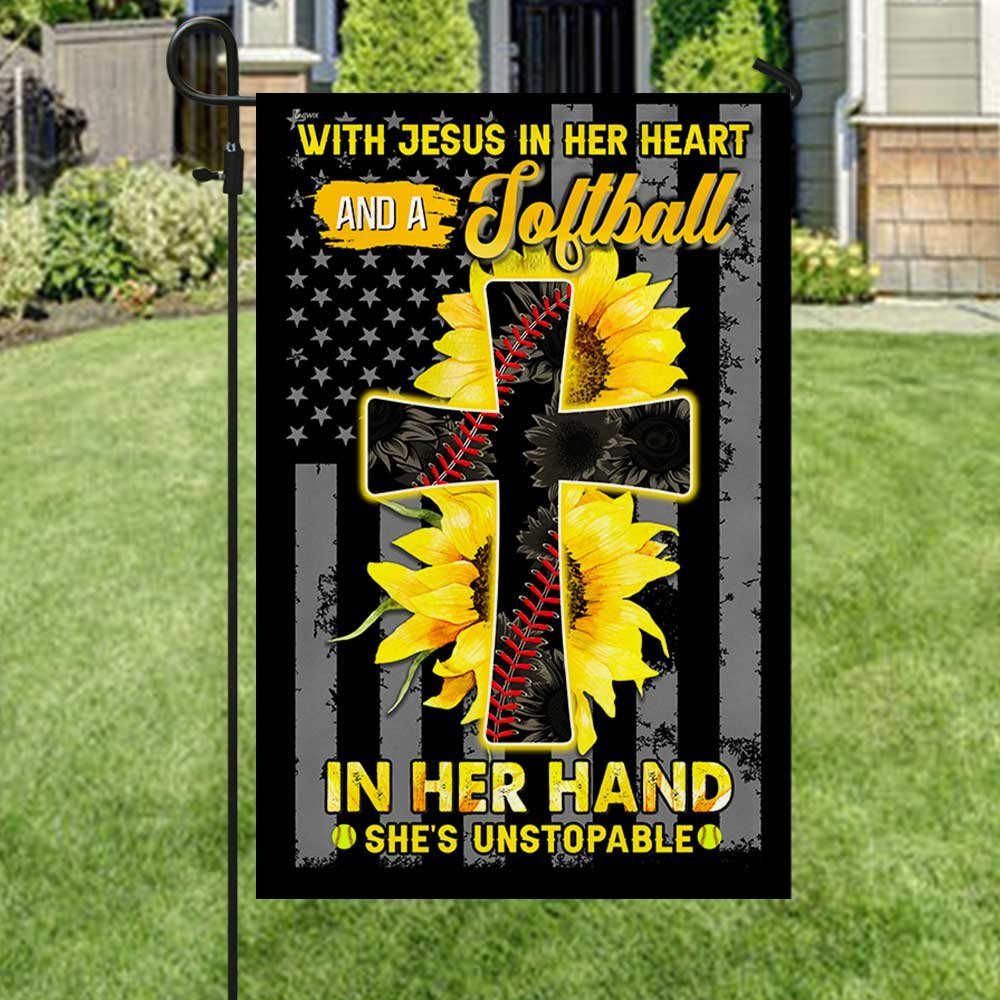 Jesus In Her Heart Softball In Her Hand Sunflower Christian Cross Flag - Image 5