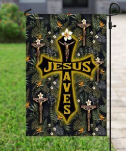 jesus saves tropical floral pattern flag 5089