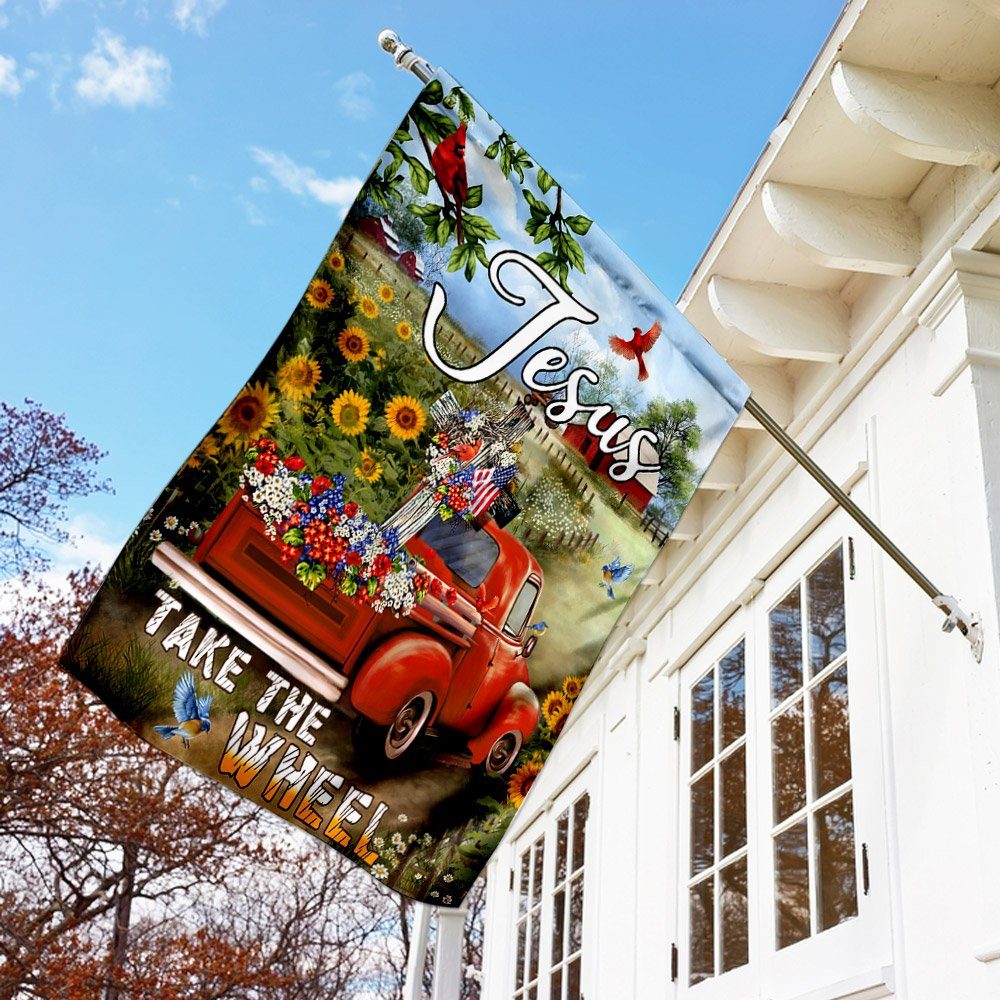 Jesus Take The Wheel. Christian Cross Truck Farm Garden Flag - Image 2