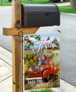 jesus take the wheel. christian cross truck farm garden flag 7694