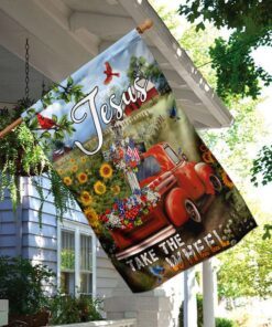 jesus take the wheel. christian cross truck farm garden flag 8374