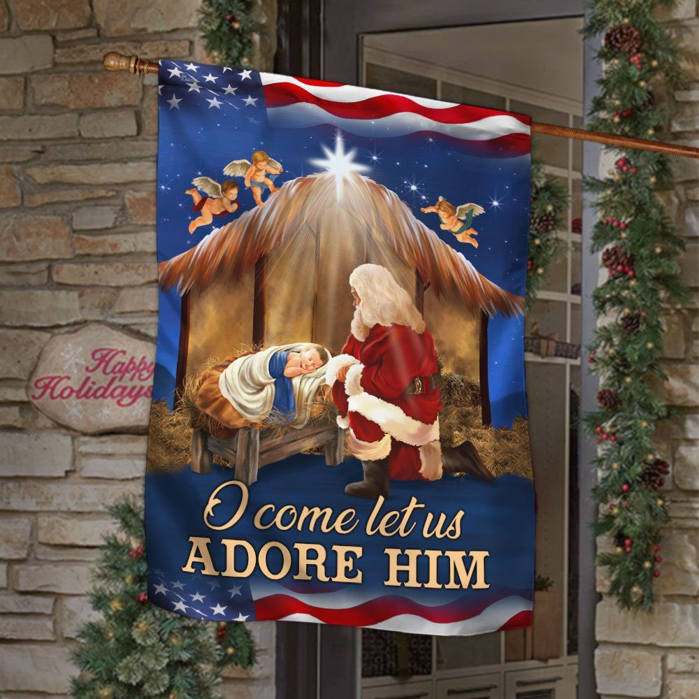 Kneeling Santa Flag O Come Let Us Adore Him DDH3010F - Image 2