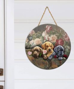 labrador retriever round wooden sign puppy roses anl195wd 2585