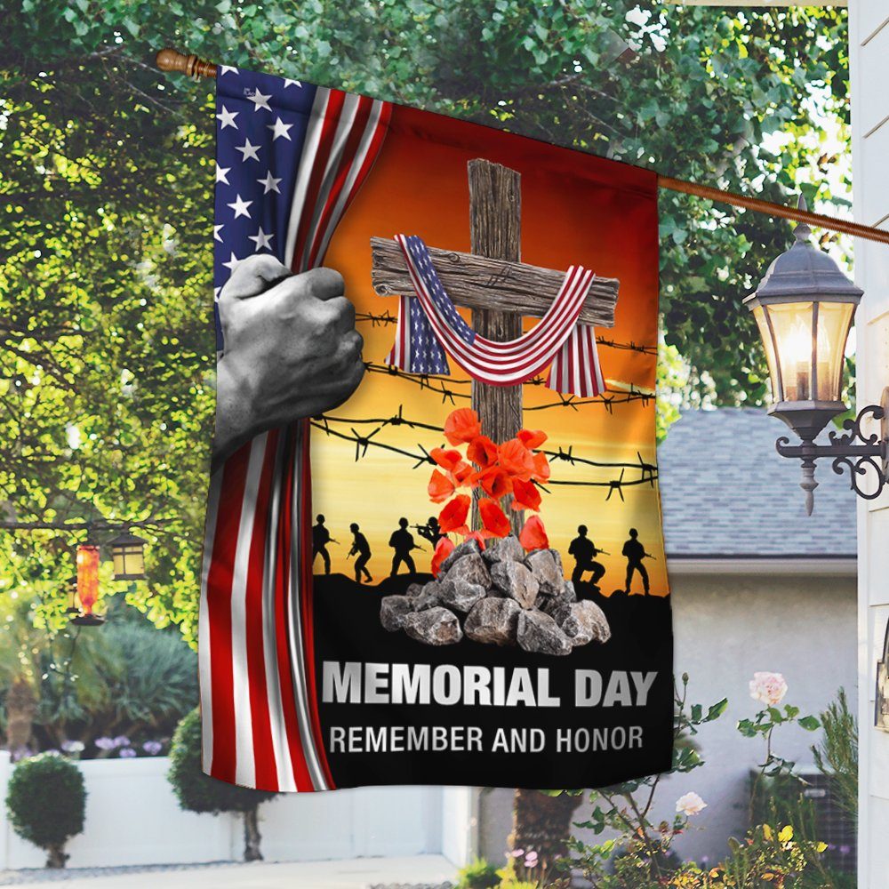 Memorial Day Flag Remember And Honor God Bless Our Troops Christian Cross American Flag MLN134F - Image 2