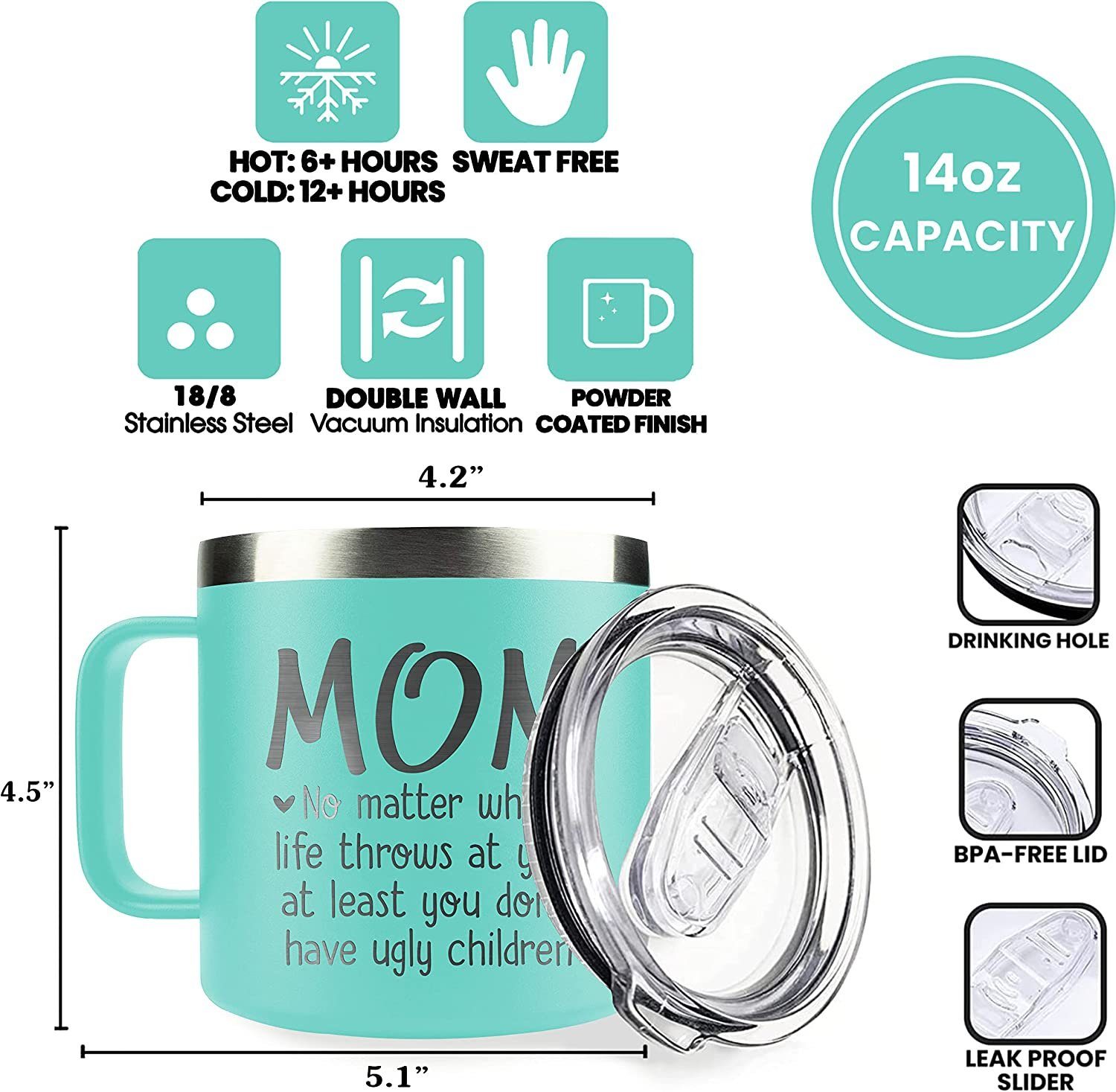 Mom Gifts - Gifts for Mom from Daughter Son Kid - Christmas Gifts for Mom from Daughter, Son, Kids - Mom Mug Coffee - Mom Birthday Gifts - Present for Mother 14 oz Mug, Mint - Image 3