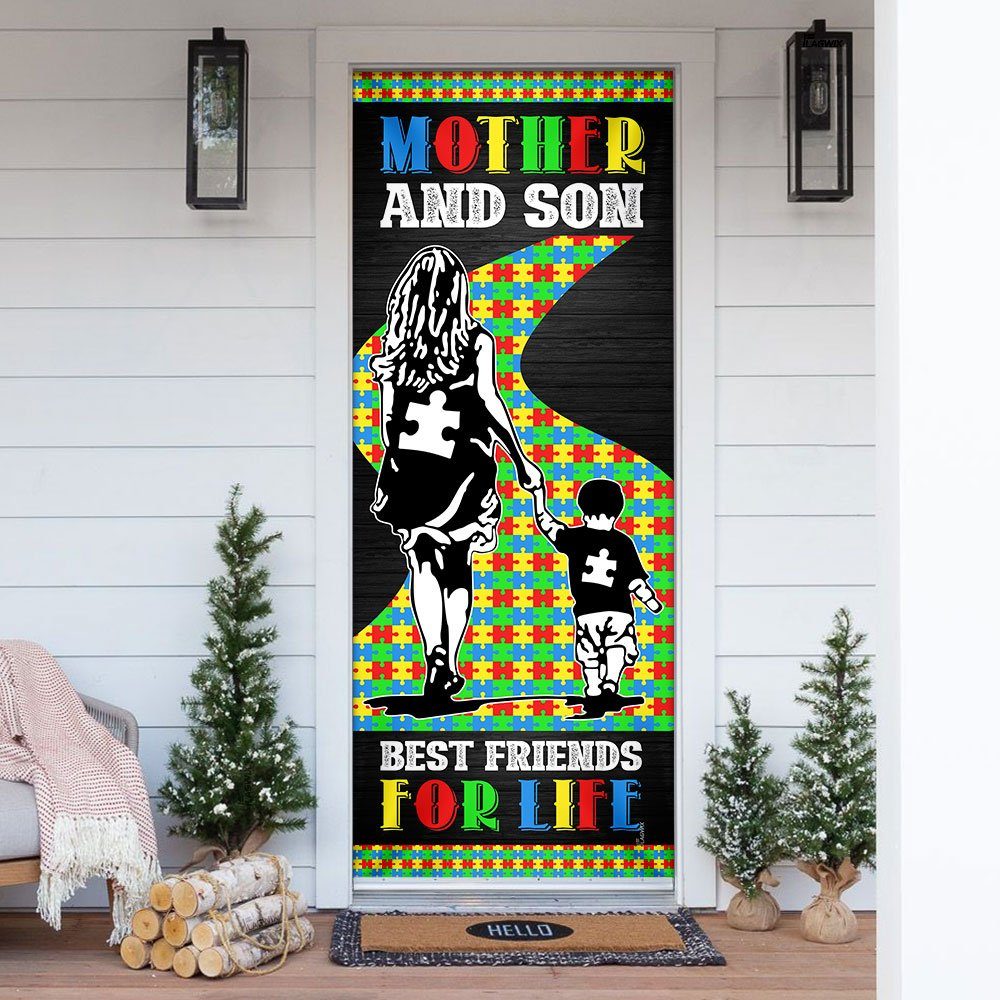 Mother And Son Best Friends For Life. Autism Awareness Door Cover - Image 4