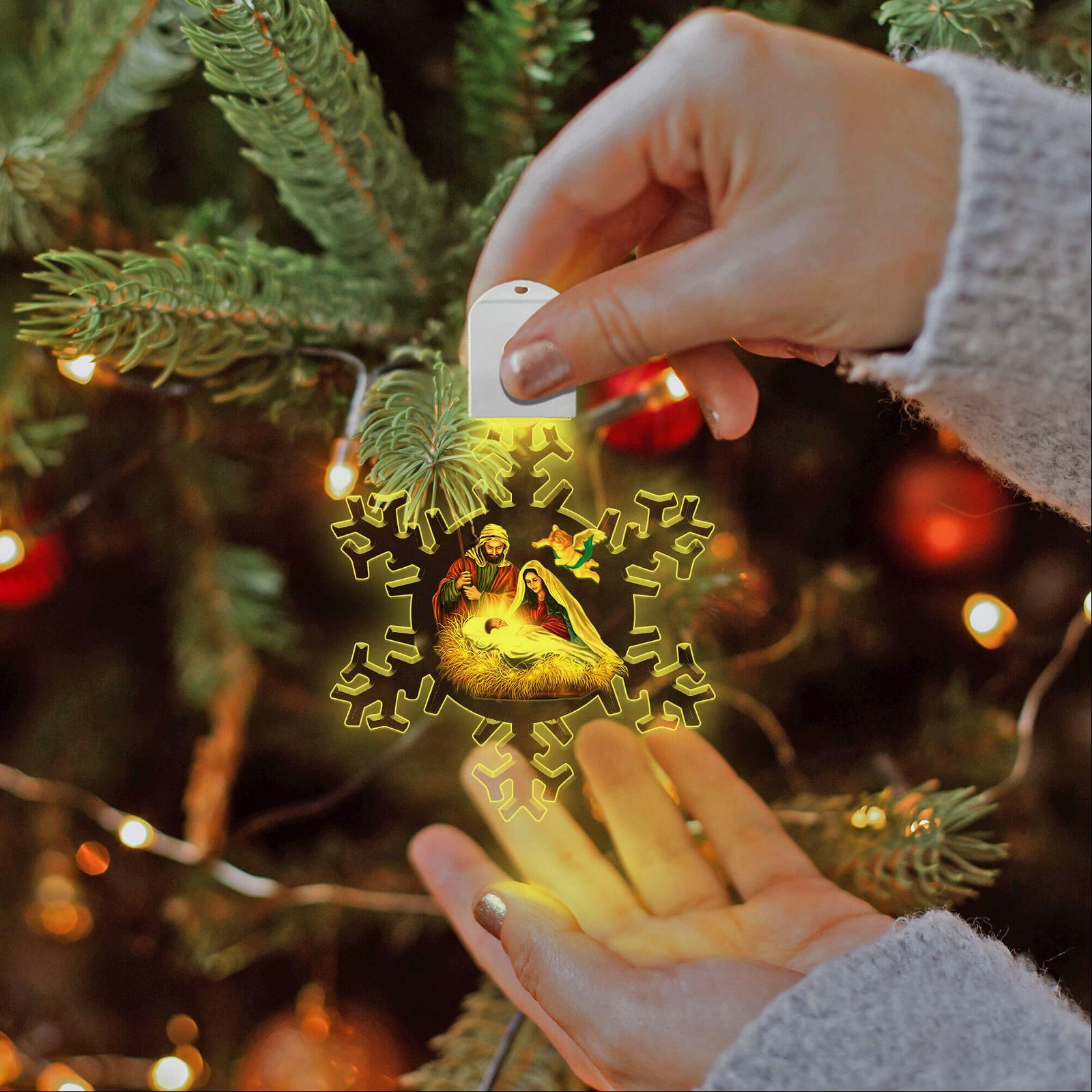 Nativity Of Jesus Christmas Led Acrylic Ornament Light, Snow Flower Ornament, Holy Family, Jesus Is Born TQN703O - Image 2