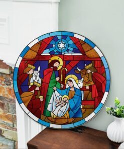 Nativity Of Jesus Christmas Round Wooden Sign, Oh Holy Night Door Sign TQN773WD