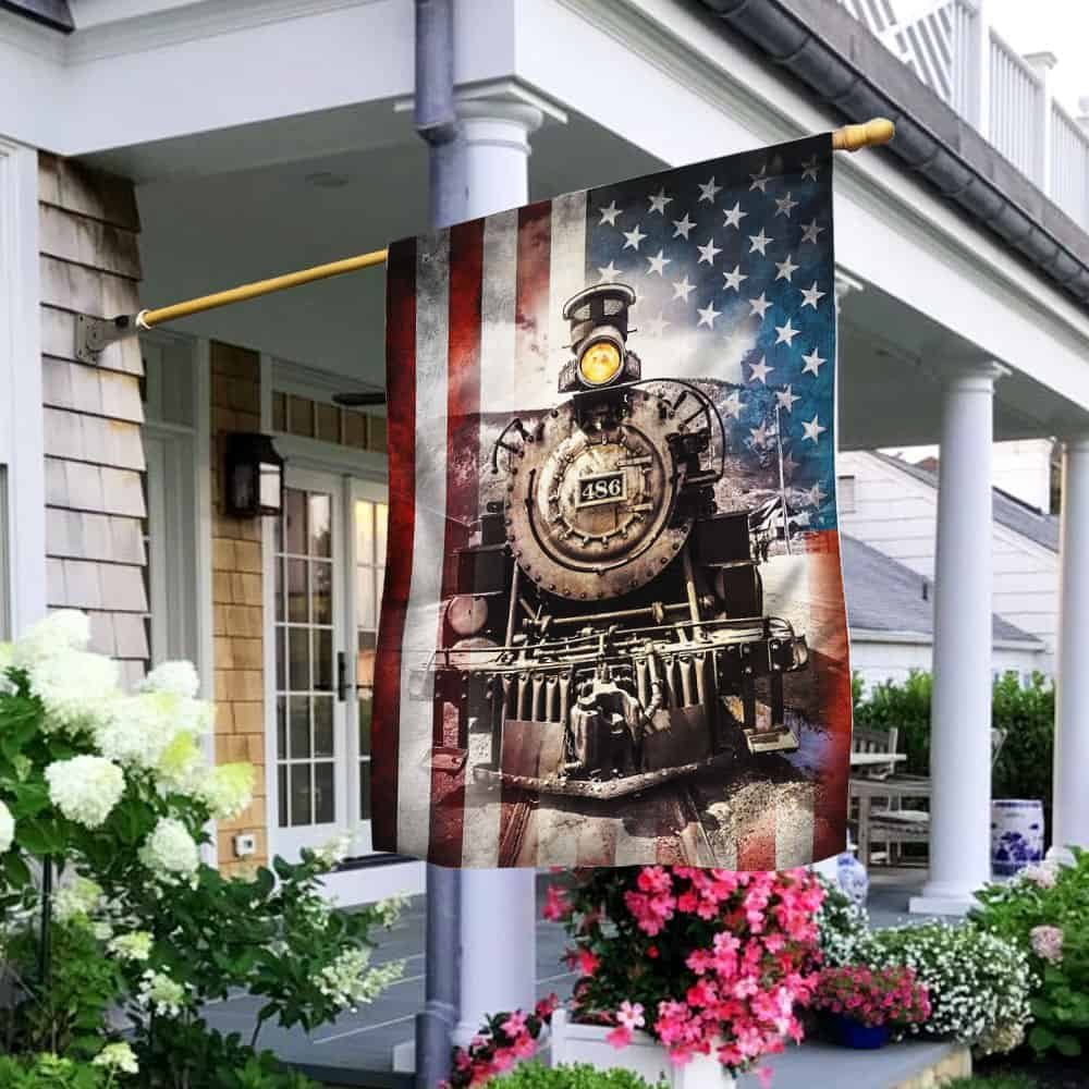 Old Time Vintage Steam Train American Flag THH3154F - Image 2