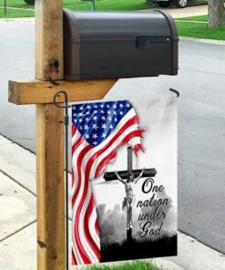one nation under god. jesus christian cross american flag 7346