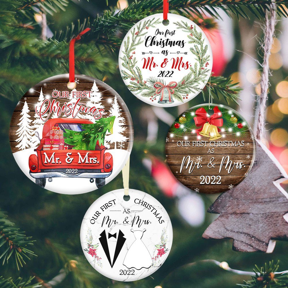 Our First Christmas Married Ornament 2022 - Christmas Tree Decorations - Christmas Gift, Anniversary Gift, Wedding Gifts For Couple - Christmas Decorations, Ceramic Ornament 4 Styles TPT369Os4
