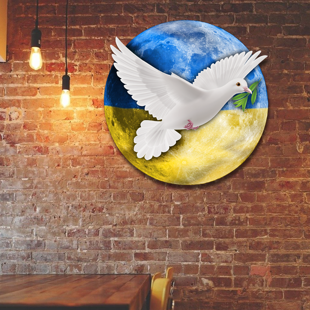 Peace For Ukraine Hanging Metal Sign, White Dove On The Moon Ukraine QNK1103MS