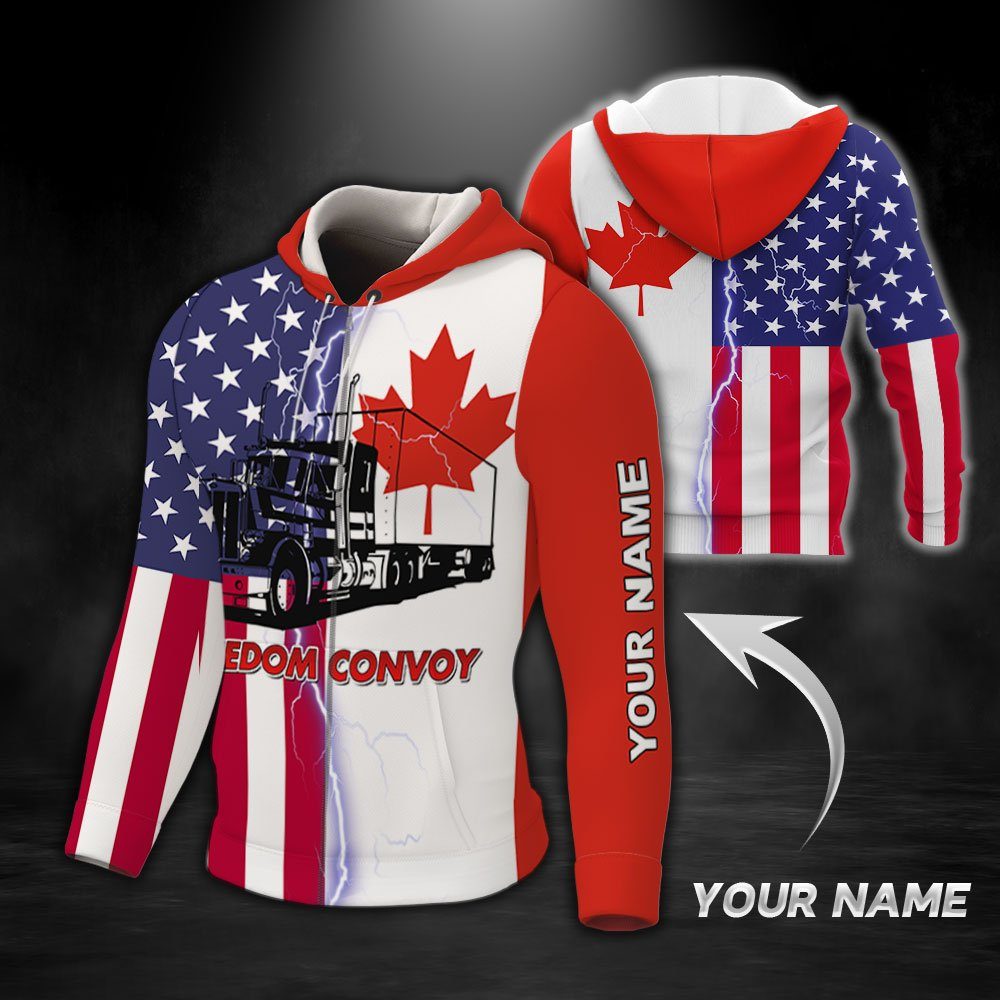 Personalized 3D Zip Hoodie Freedom Convoy 2022 Canadian Trucker Mandate Freedom American Canadian Hoodie TRL1792ZHCT