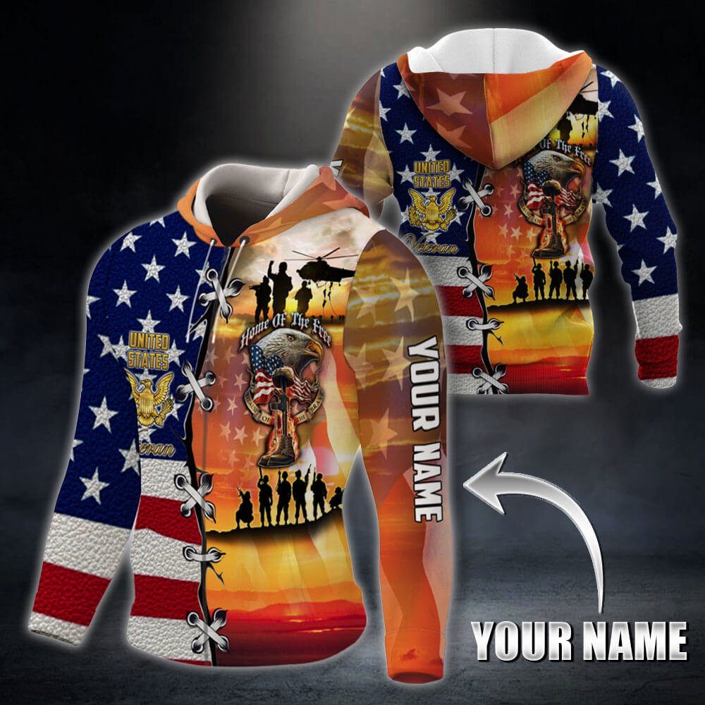 Personalized U.S. Veteran. Home Of The Free Custom Name Zip Hoodie THB3183ZHCT