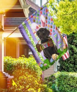 Puppy Black Labrador Retriever. Happy Easter American Flag