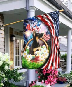 Puppy German Shepherd. Happy 4th Of July American Flag