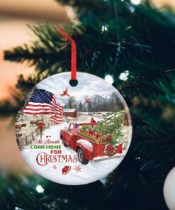 Red Truck America Round Ceramic Ornament All Hearts Come Home For Christmas DDH2926O