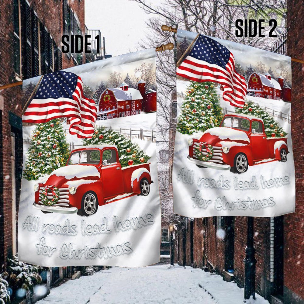 Red Truck American Flag All Roads Lead Home For Christmas Flag MLN658F - Image 2