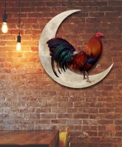 Rooster And Moon Hanging Metal Sign, Gamefowl Rooster, Fighting Rooster QNK1005MSv1b