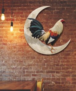 Rooster And Moon Hanging Metal Sign, Gamefowl Rooster, Fighting Rooster QNK1005MSv1c
