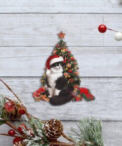 santa cat custom – shaped ornament sitting in front of the christmas tree tty360o 1723