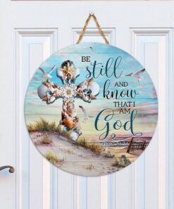 Seashells Cross. Be Still And Know That I Am God. Beach Wooden Door Sign THH3616WS